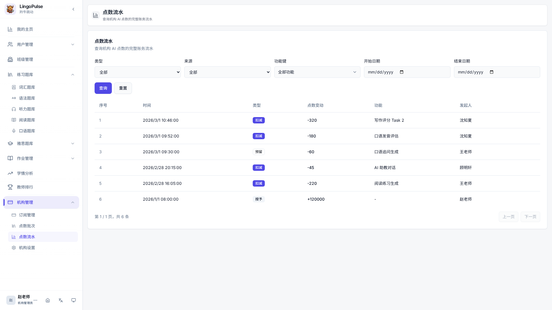 点数流水页中的筛选区、点数变动和发起人信息